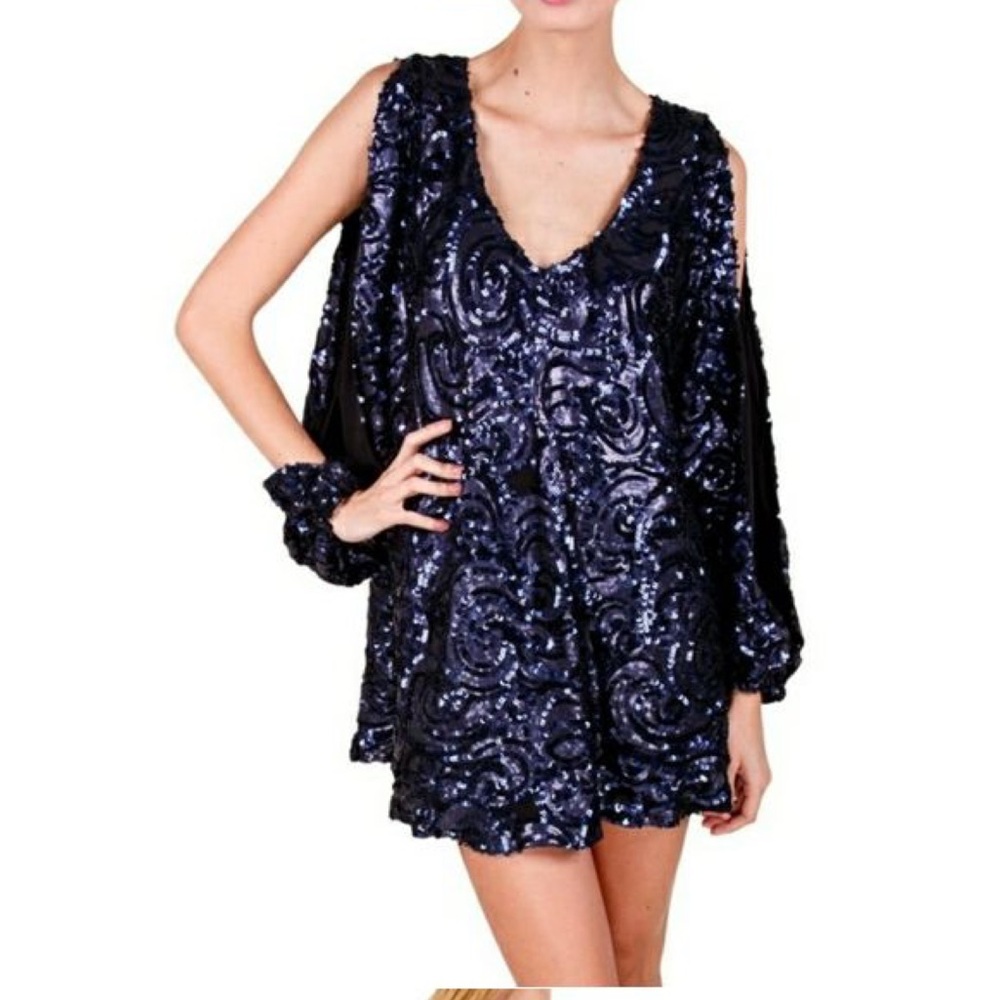 REVOLVE Lovers + Friends Shift Dress Beaded Sequin Navy Long Sleeve